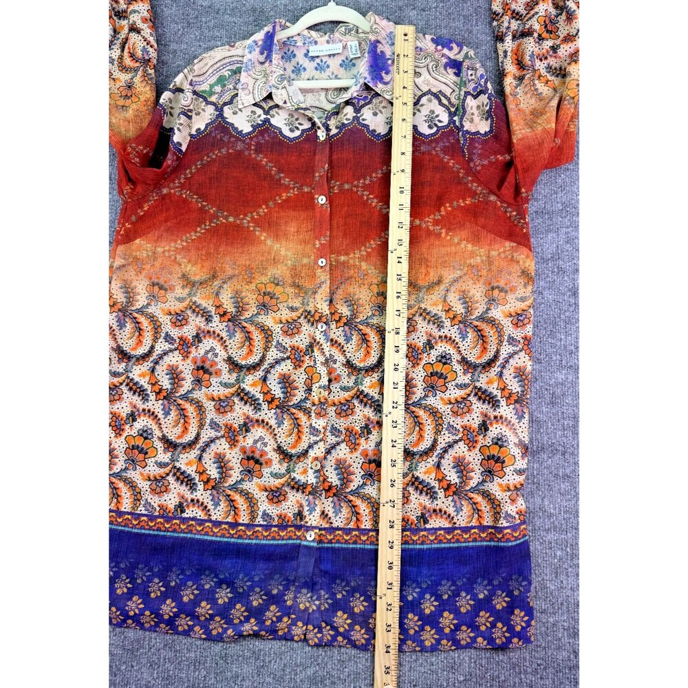 Susan Graver Button Front Tunic Top L Floral Paisley Print Long Sleeve Boho - Picture 10 of 15